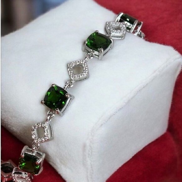 925 Sterling Slver Bracelet 7.5" with Natural Chrome Diopside Gem & Cz. - Picture 7 of 11